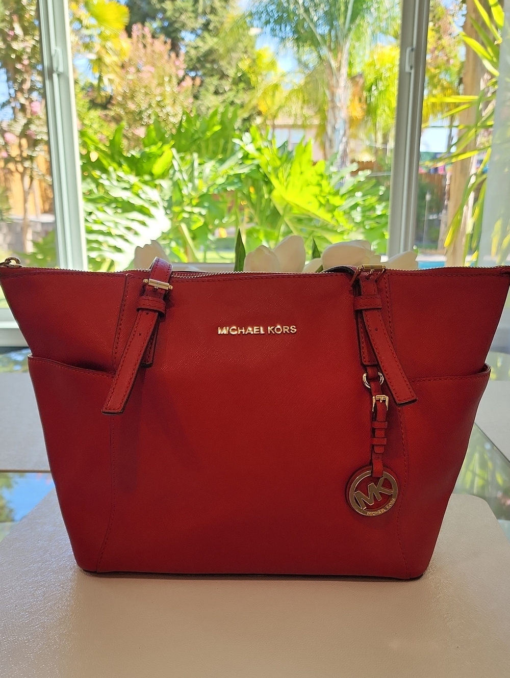 Michael Kors Red Saffiano Tote with Gold MK Charm